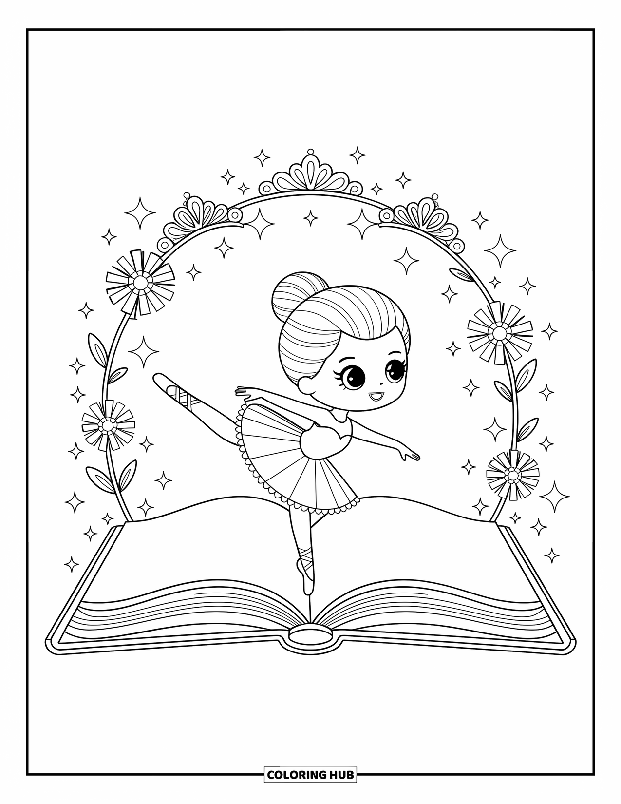 Ballerina Coloring Page for Adults: A ballerina backbends mid-spin while doodles swirl from a magical open storybook