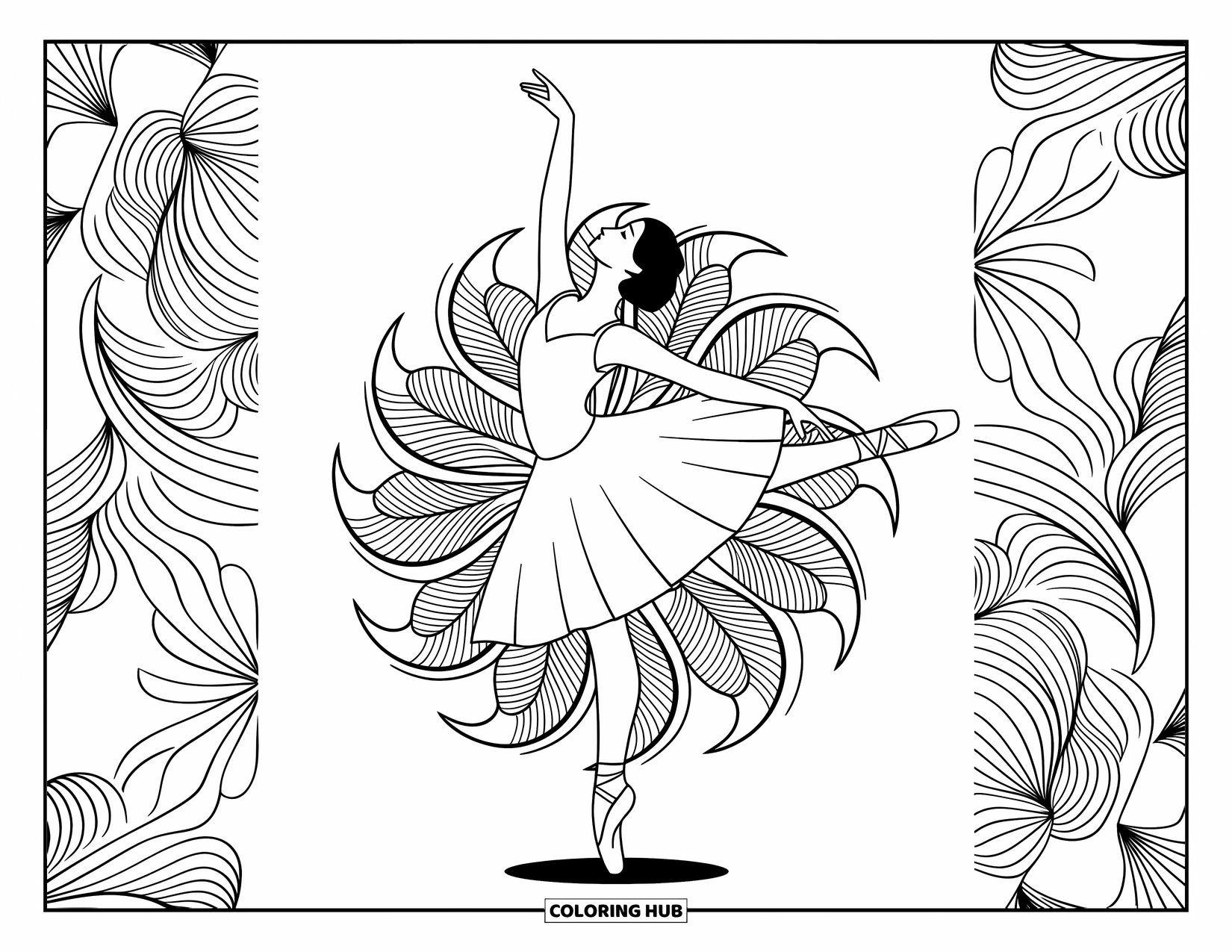Ballerina Coloring Page for Adults: A ballerina balances gracefully among floral mandalas and swirling, intricate background patterns