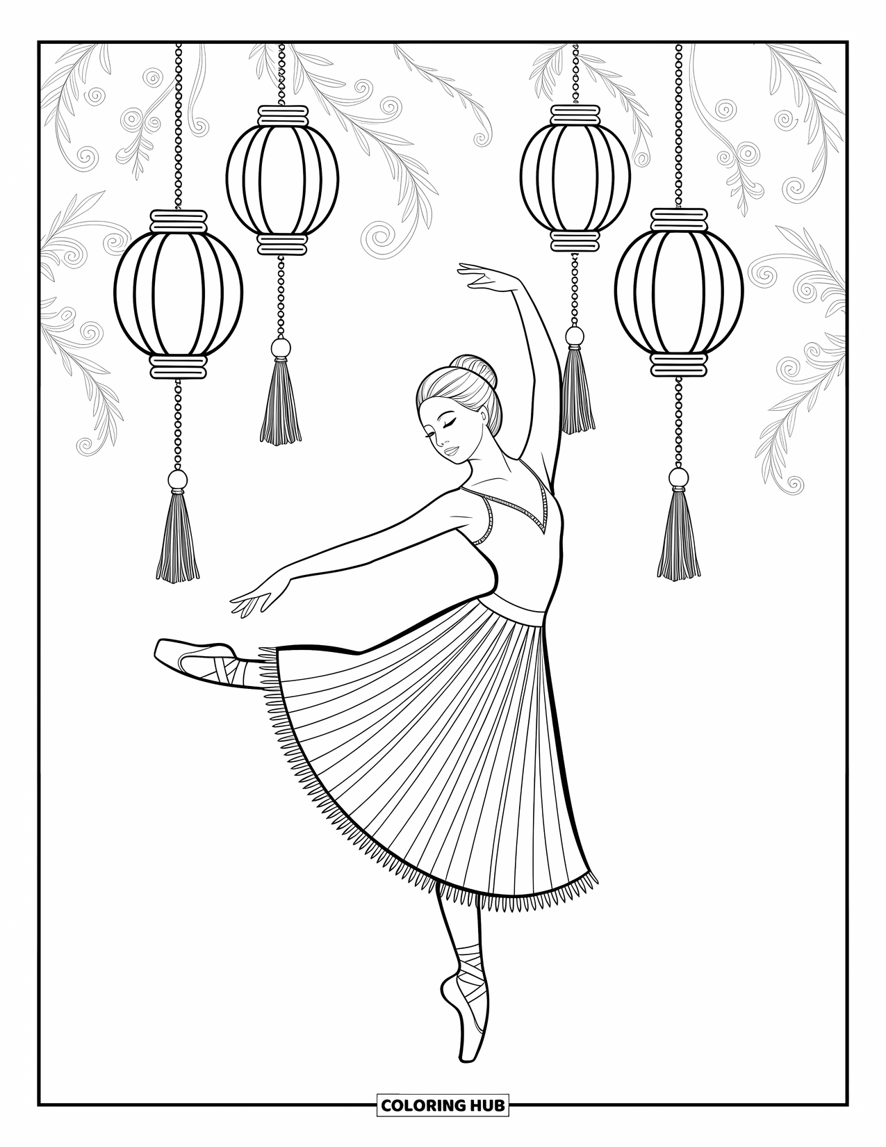Ballerina Coloring Page for Adults: A ballerina balances gracefully among flowing flowers and curling mandala shapes