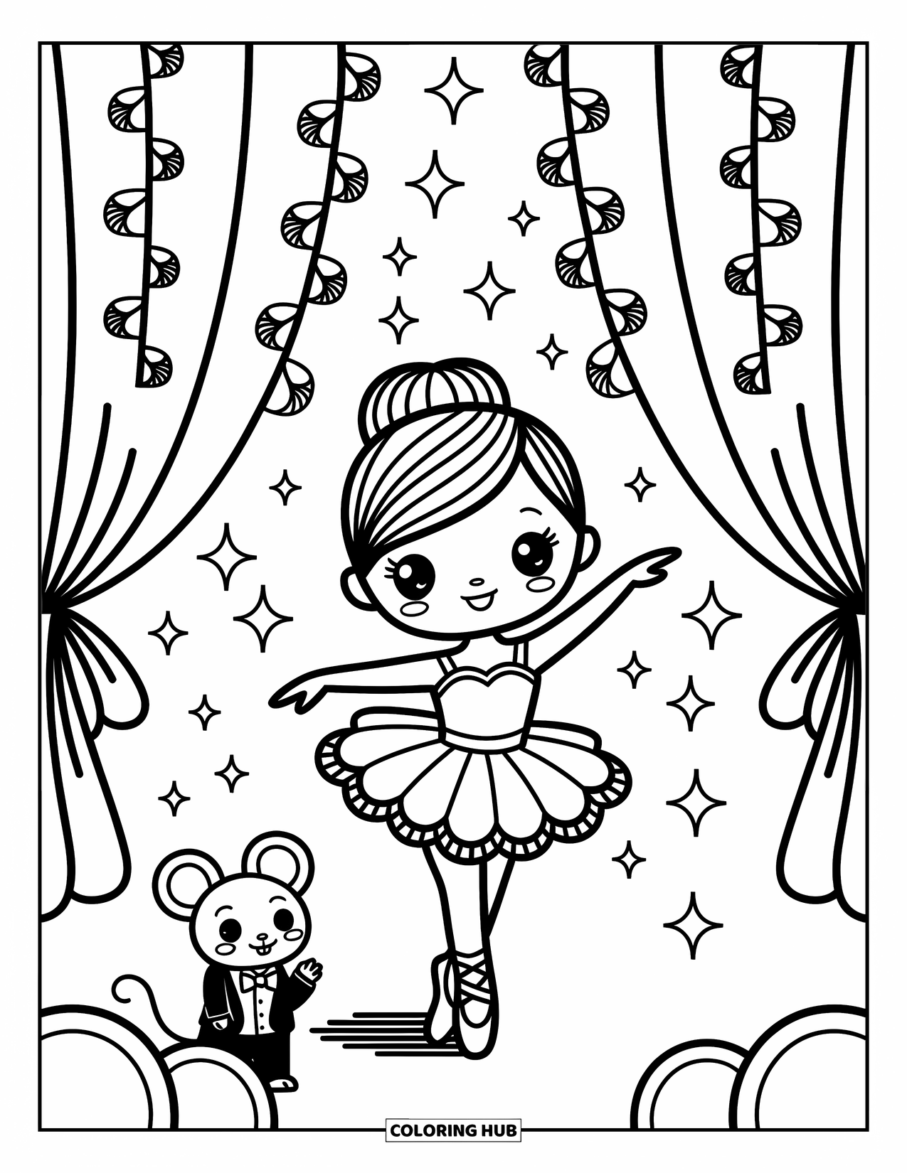 Ballerina Coloring Page for Adults: A ballerina bows under ribbon garlands as sparkles and bows fall from above