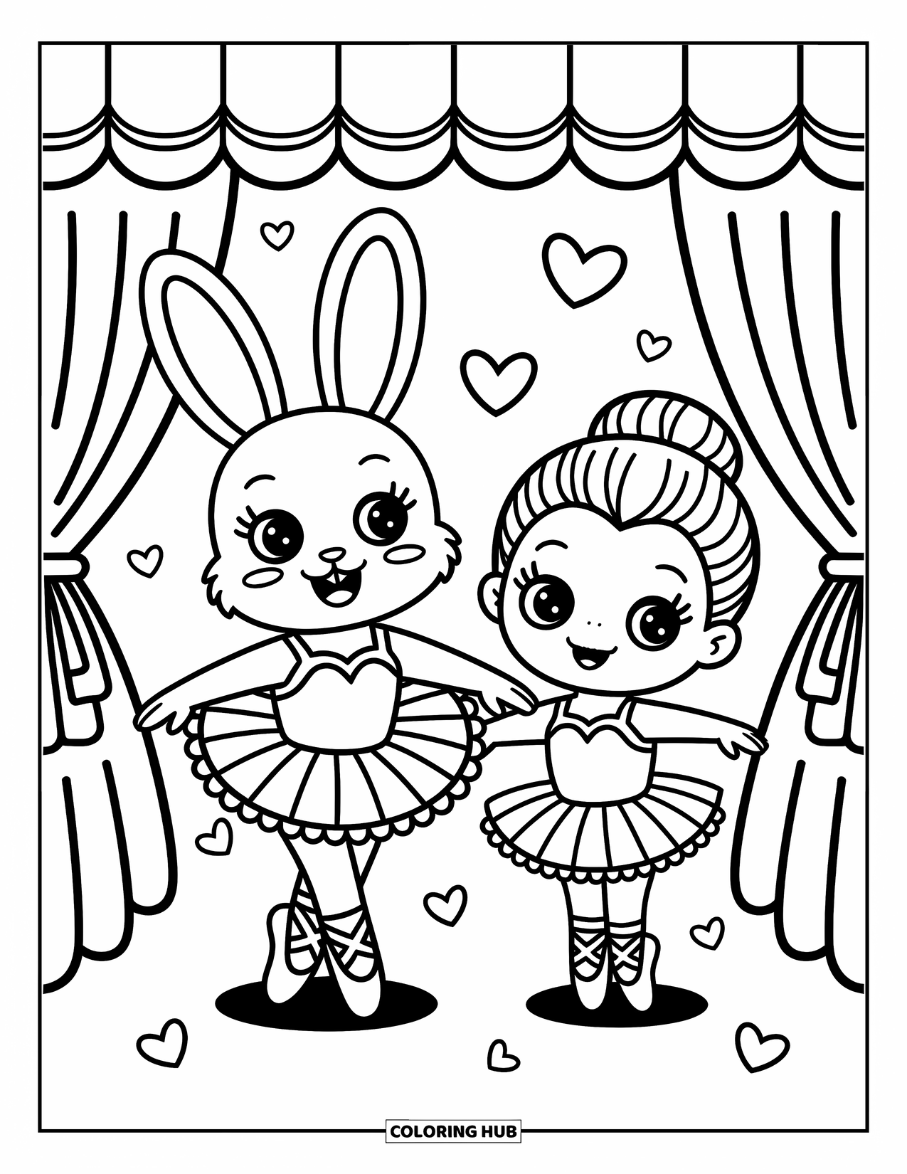 Ballerina Coloring Page for Adults: A ballerina bunny twirls beside a chibi dancer under confetti and a tiny stage curtain