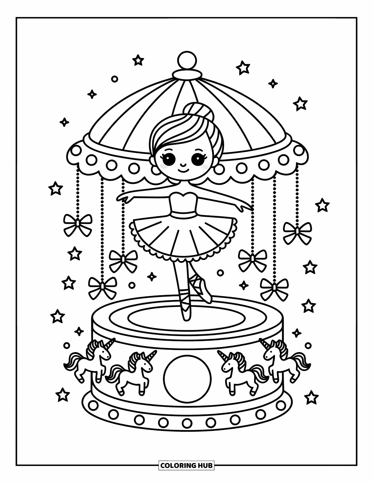 Ballerina Coloring Page for Adults: A ballerina dances on a carousel music box with stars, bows, and tiny unicorns