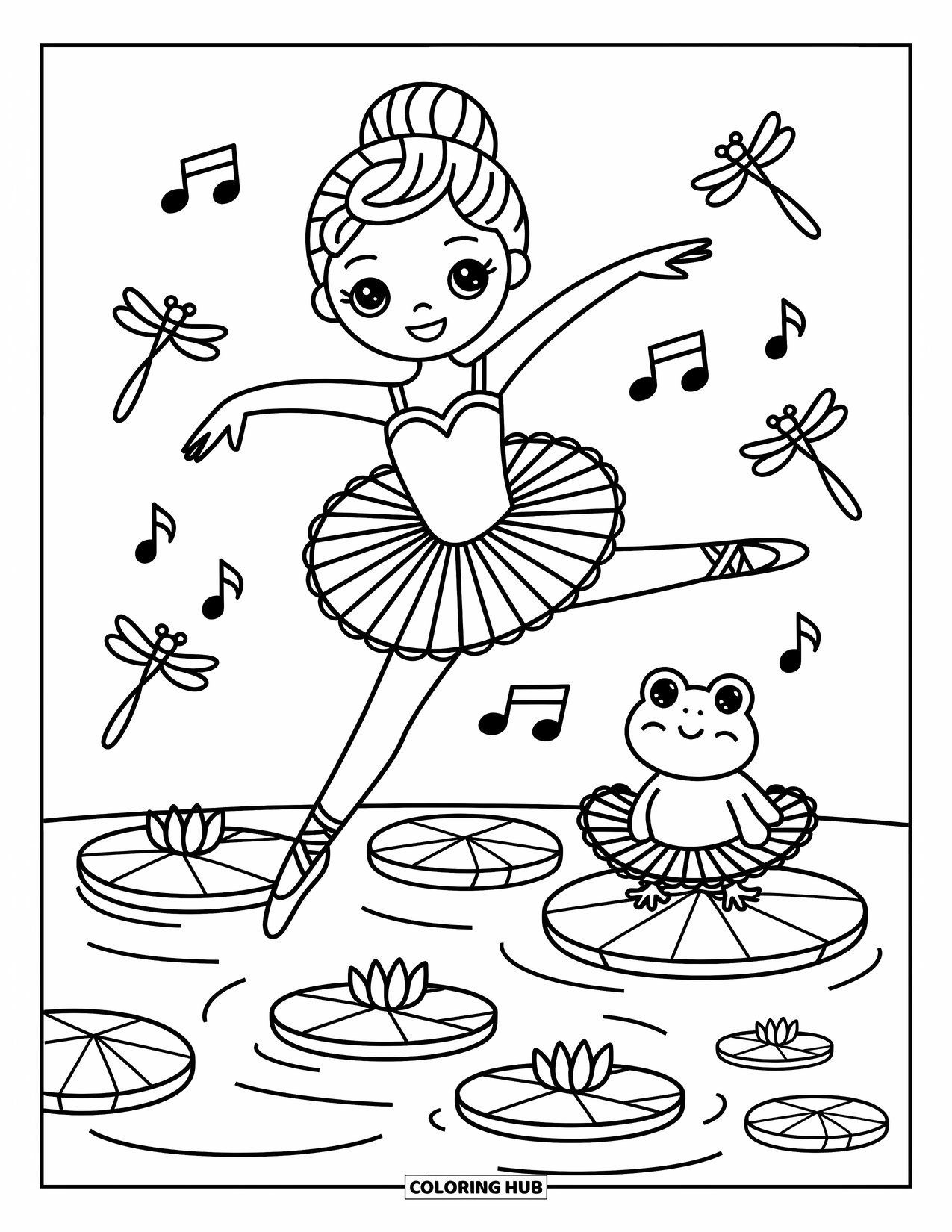 Ballerina Coloring Page for Adults: A ballerina dances over lily pads as a frog watches and dragonflies hold music notes