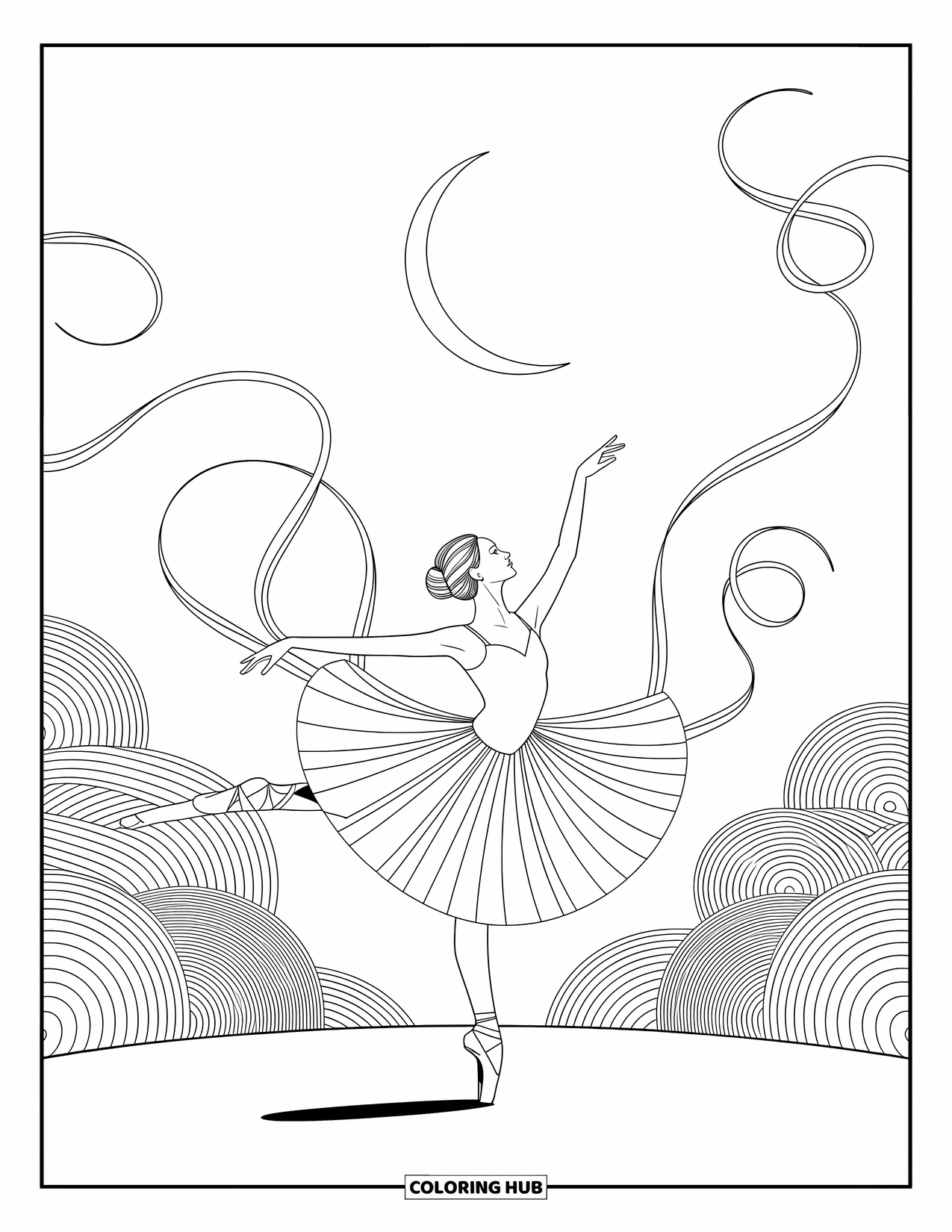 Ballerina Coloring Page for Adults: A ballerina dances under a moon with delicate fabric curling like soft vines