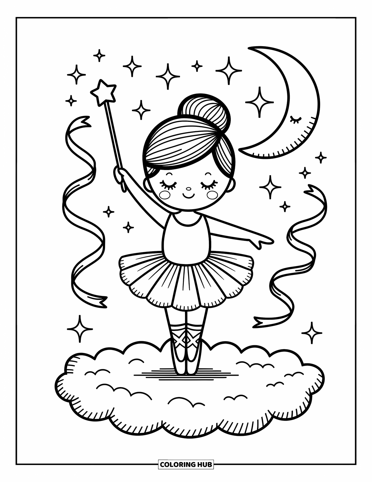 Ballerina Coloring Page for Adults: A ballerina floats on a cloud stage above a moon, holding a star-tipped wand