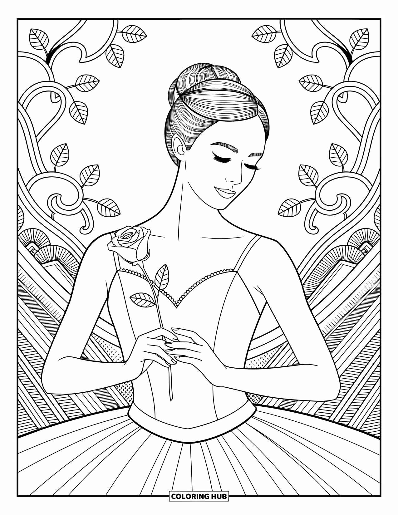 Ballerina Coloring Page for Adults: A ballerina holds a rose close to her heart, framed by vines and gentle patterns