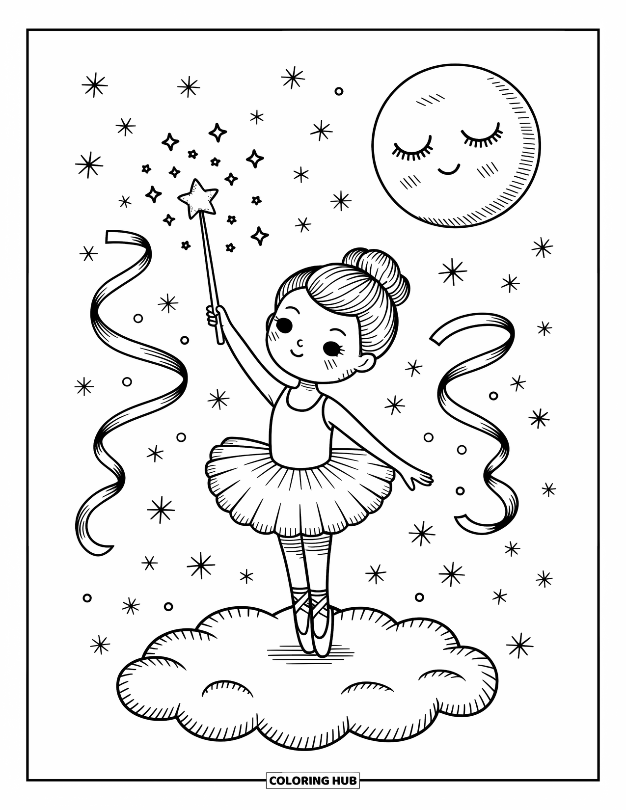 Ballerina Coloring Page for Adults: A ballerina hovers above the moon with a wand as stars and ribbons swirl around