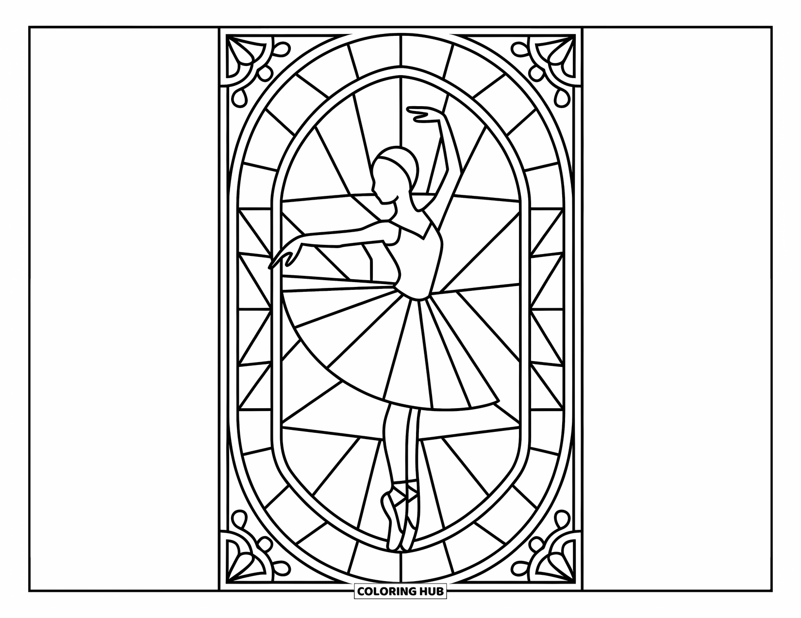 Ballerina Coloring Page for Adults: A ballerina is silhouetted in abstract patterns and decorative borders with intricate background detail