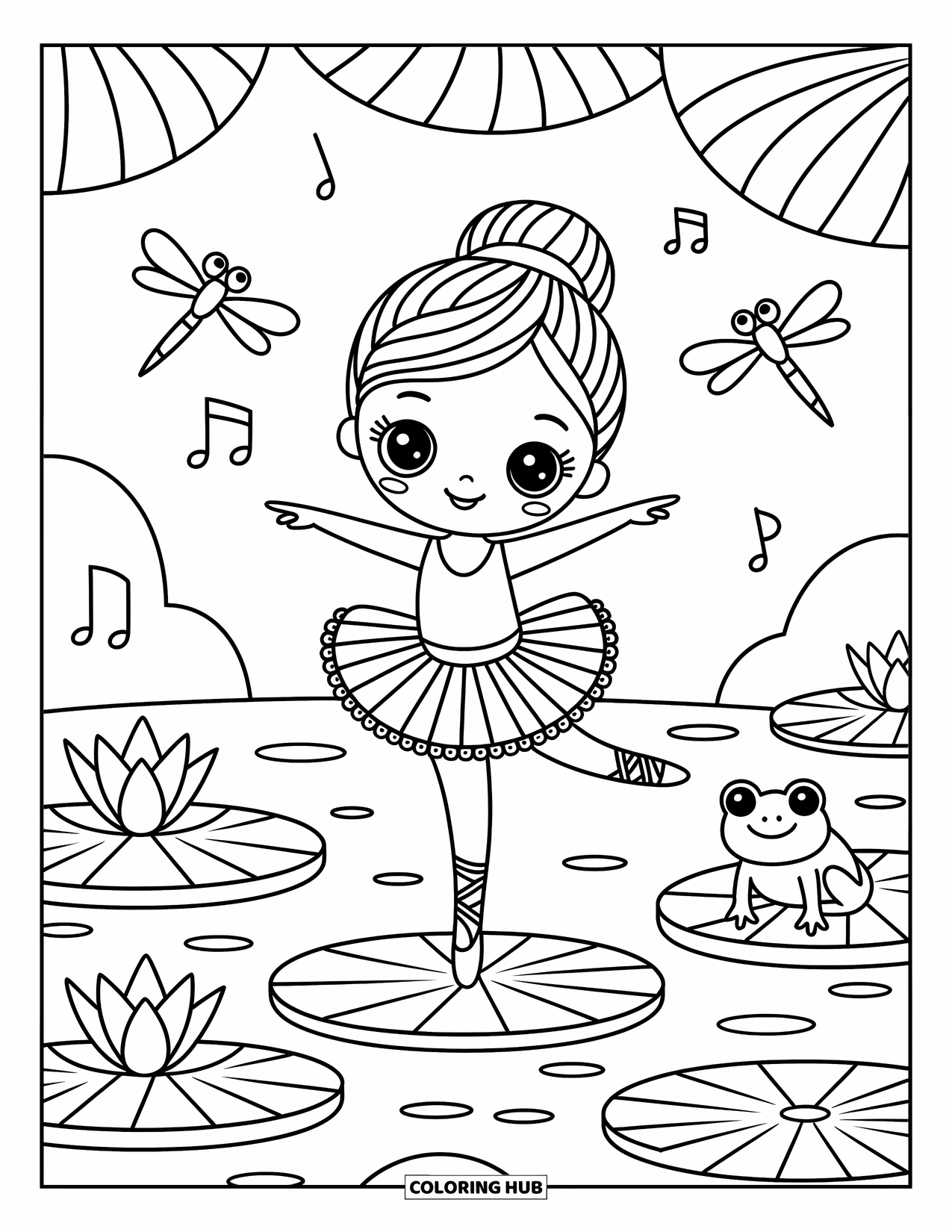 Ballerina Coloring Page for Adults: A ballerina leaps across lily pads beside a tutu-wearing frog and musical dragonflies