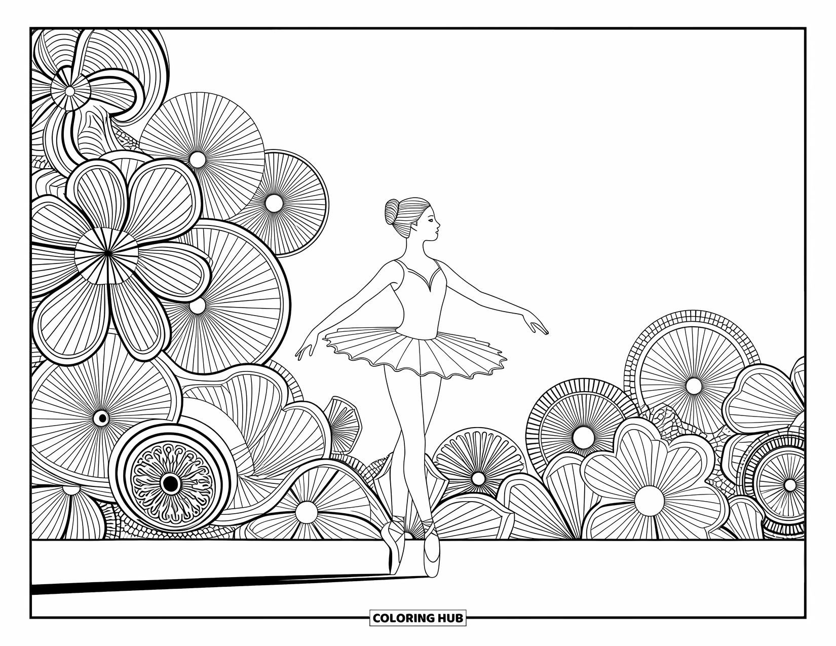 Ballerina Coloring Page for Adults: A ballerina poses amid swirling mandala flowers in an elegant design