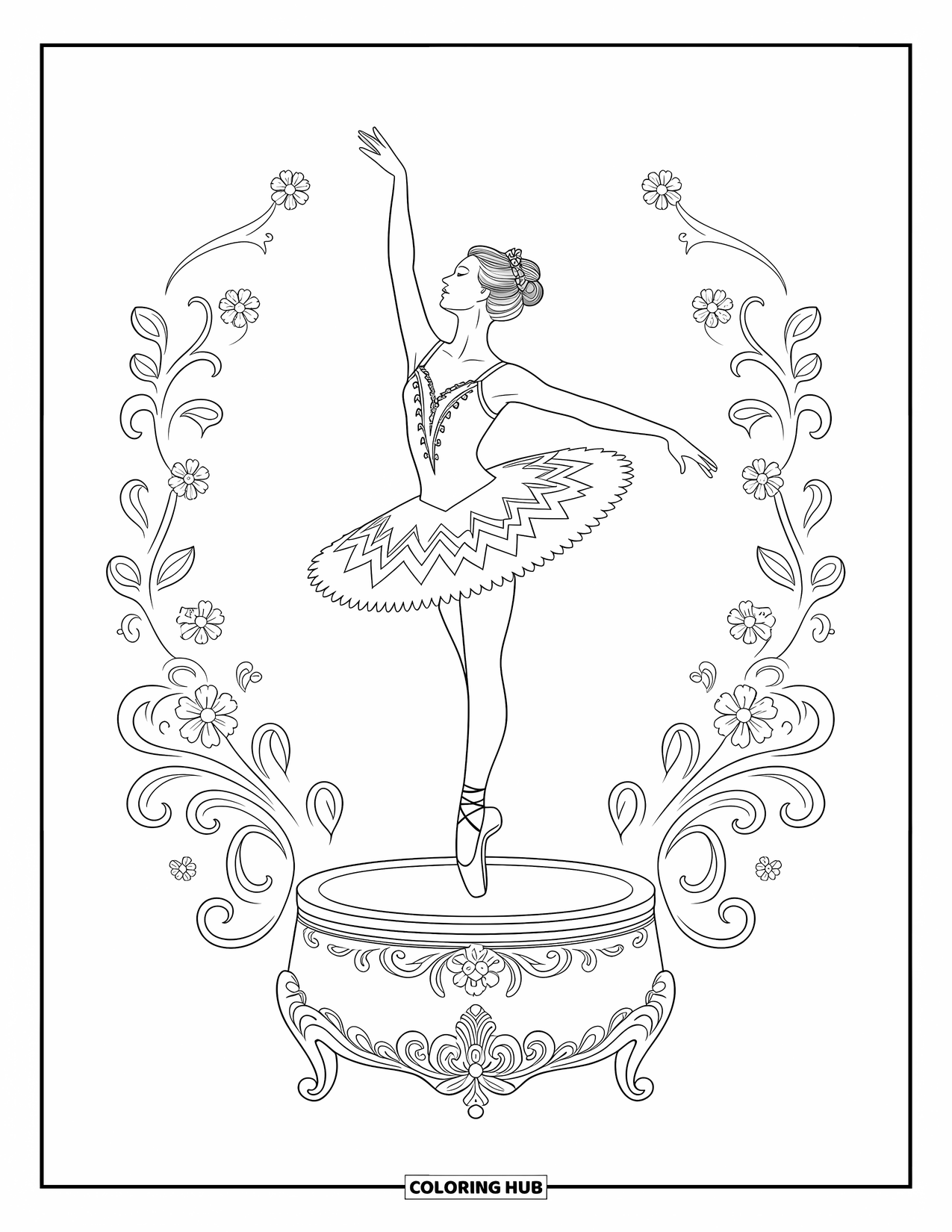 Ballerina Coloring Page for Adults: A ballerina poses beneath a willow with leaves dancing softly in the air