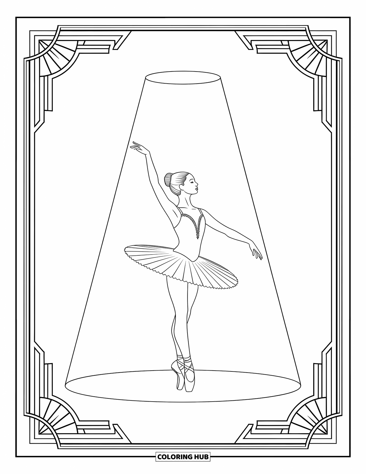 Ballerina Coloring Page for Adults: A ballerina poses in arabesque within delicate Art Deco borders and graceful shapes