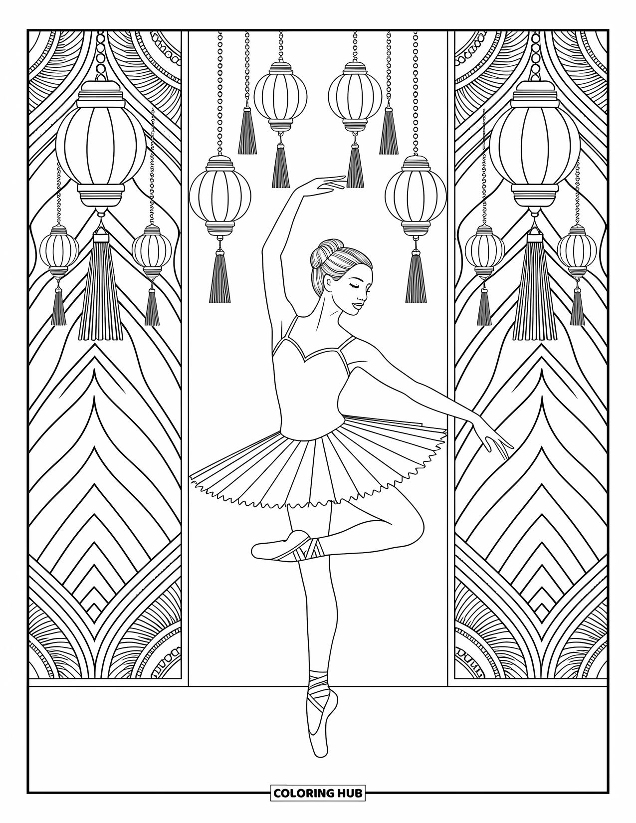 Ballerina Coloring Page for Adults: A ballerina poses with grace among blooming mandala flowers