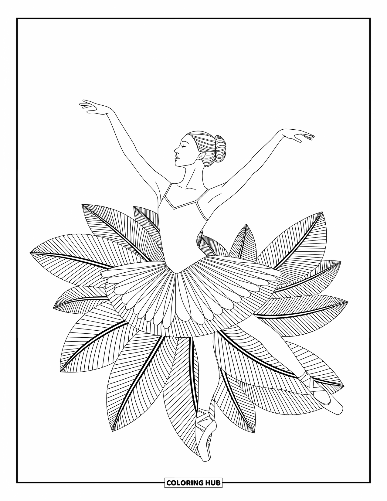 Ballerina Coloring Page for Adults: A ballerina poses within swirling shapes and repeating decorative designs