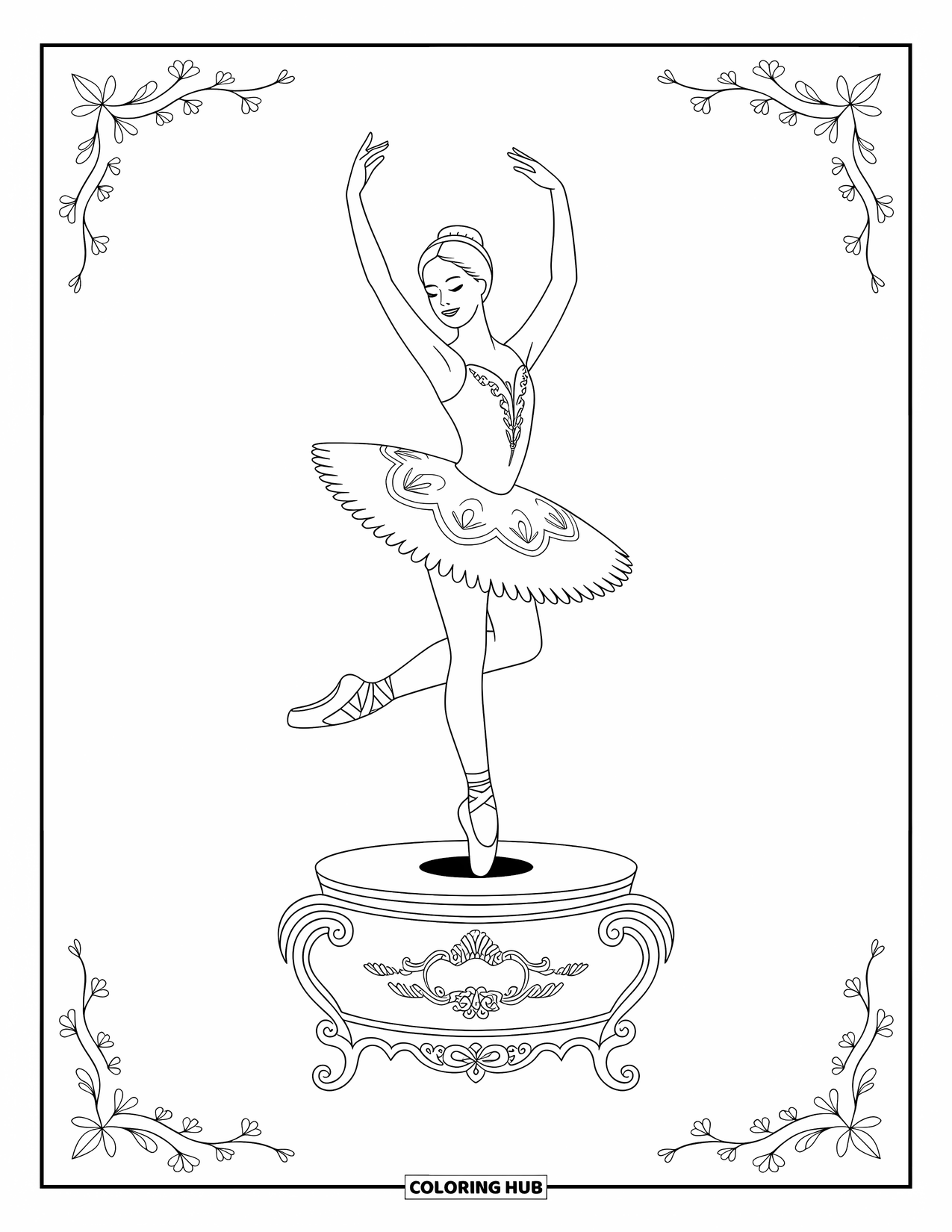 Ballerina Coloring Page for Adults: A ballerina rests beneath a willow tree with flowers and leaves flowing around her