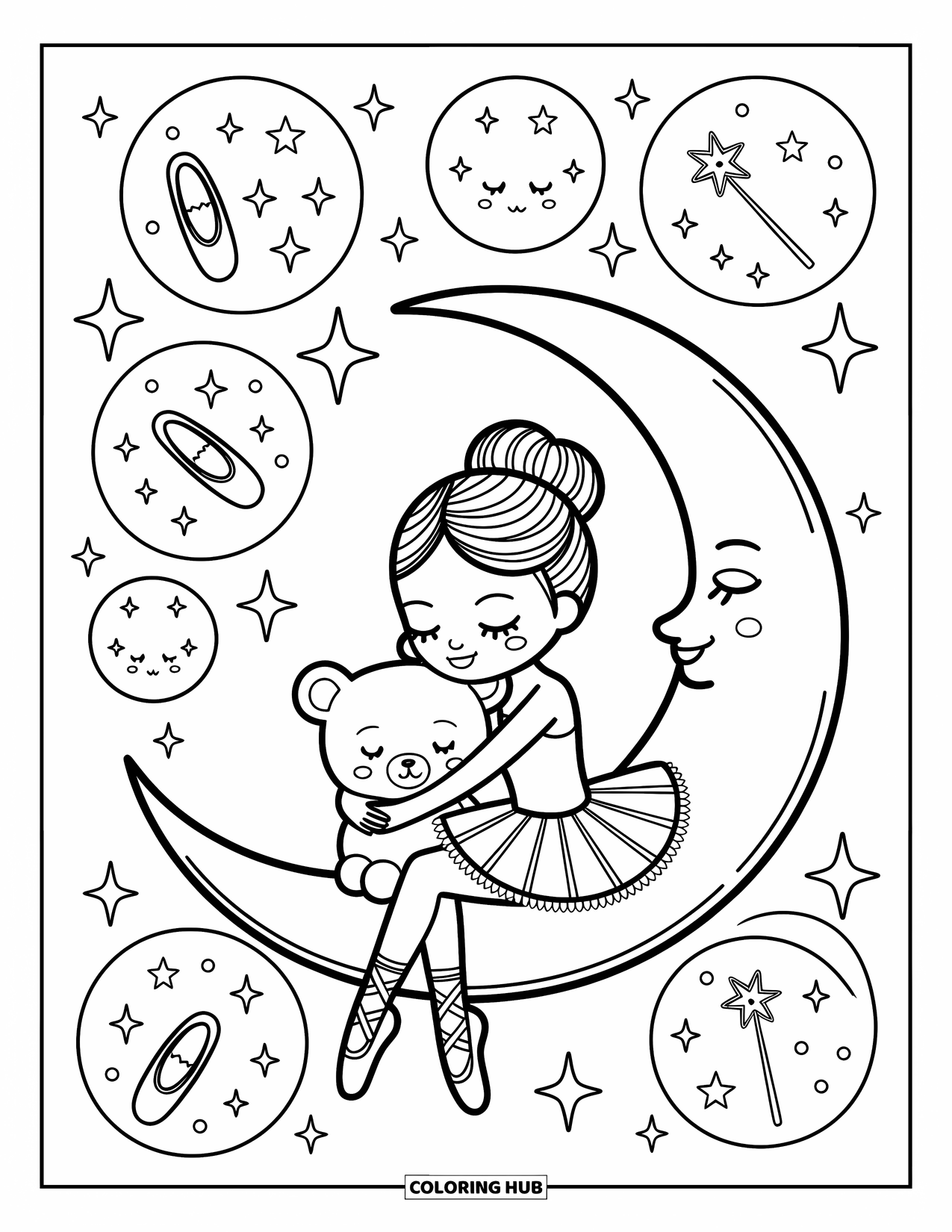 Ballerina Coloring Page for Adults: A ballerina rests on a moon with a bear as bubbles show magical ballet dreams