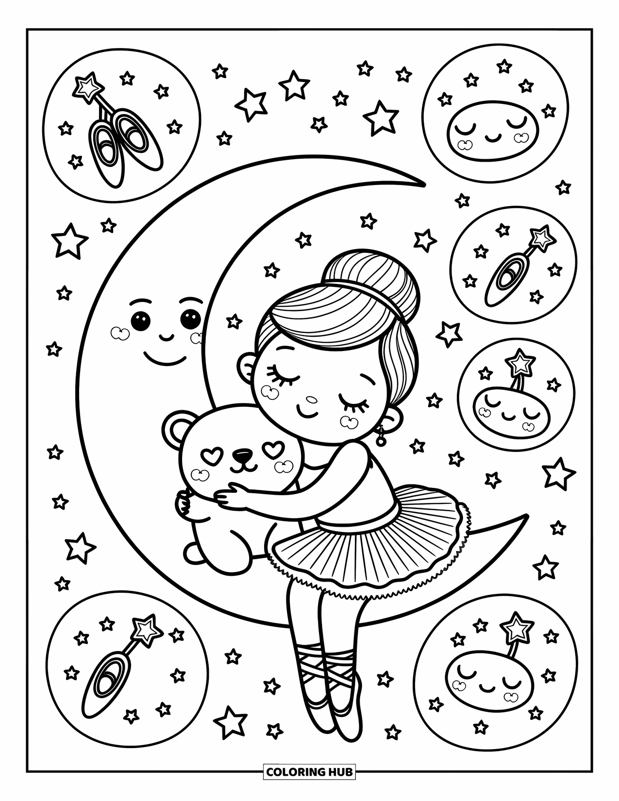 Ballerina Coloring Page for Adults: A ballerina rests on the moon with a bear while magical dream bubbles rise around them