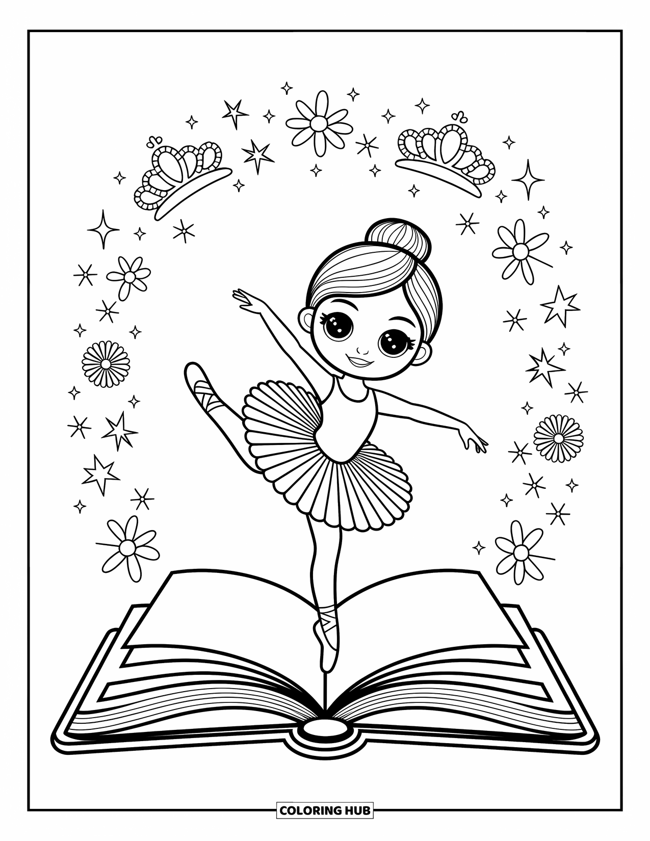 Ballerina Coloring Page for Adults: A ballerina spins mid-backbend in front of a giant storybook with twirling doodles above