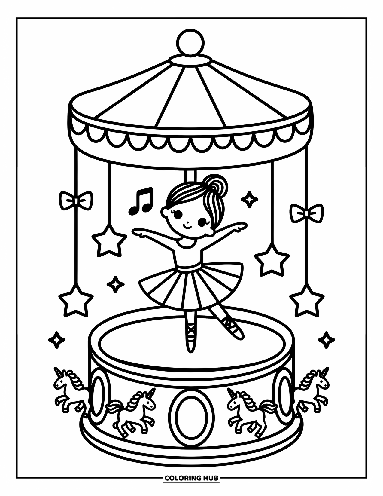 Ballerina Coloring Page for Adults: A ballerina spins on a music box as unicorns prance and tiny decorations float around