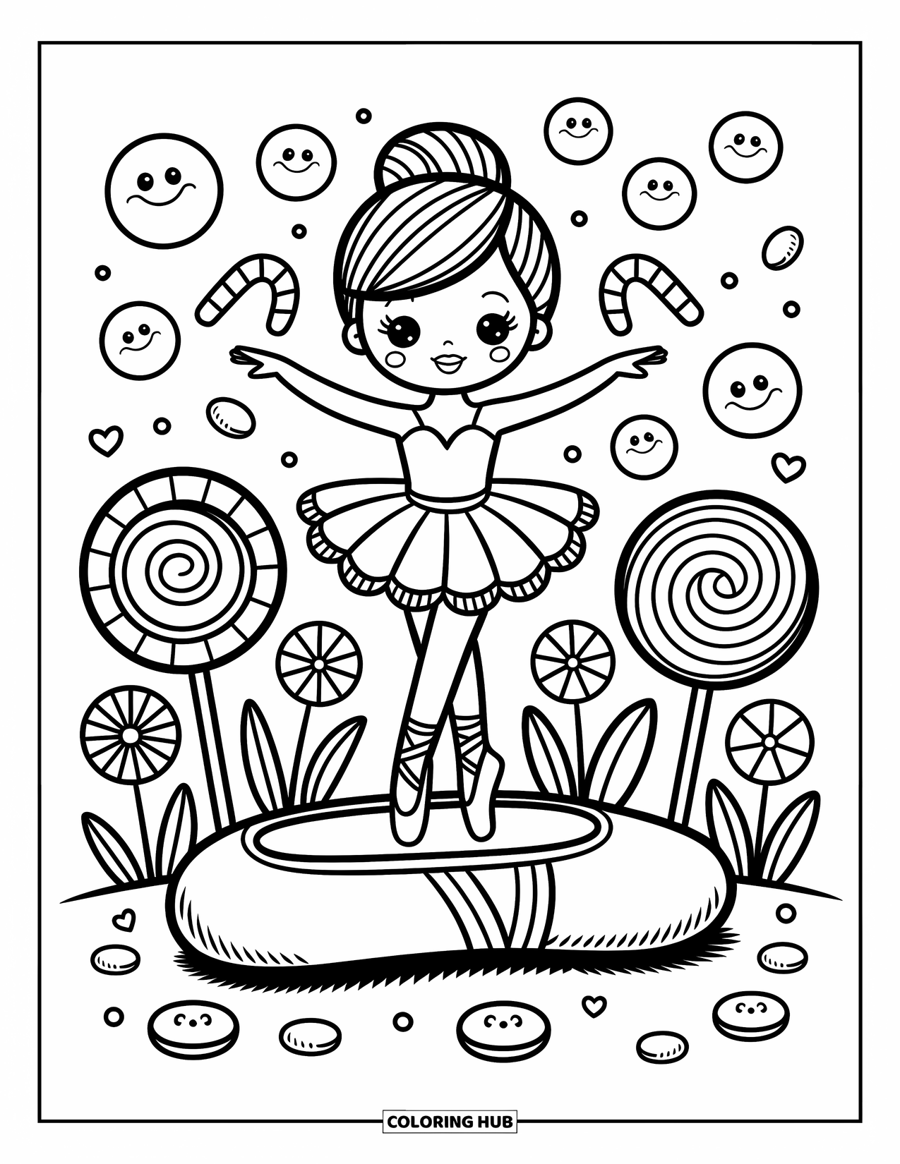 Ballerina Coloring Page for Adults: A ballerina stands en pointe on a ballet slipper surrounded by candy and cheerful jellybeans