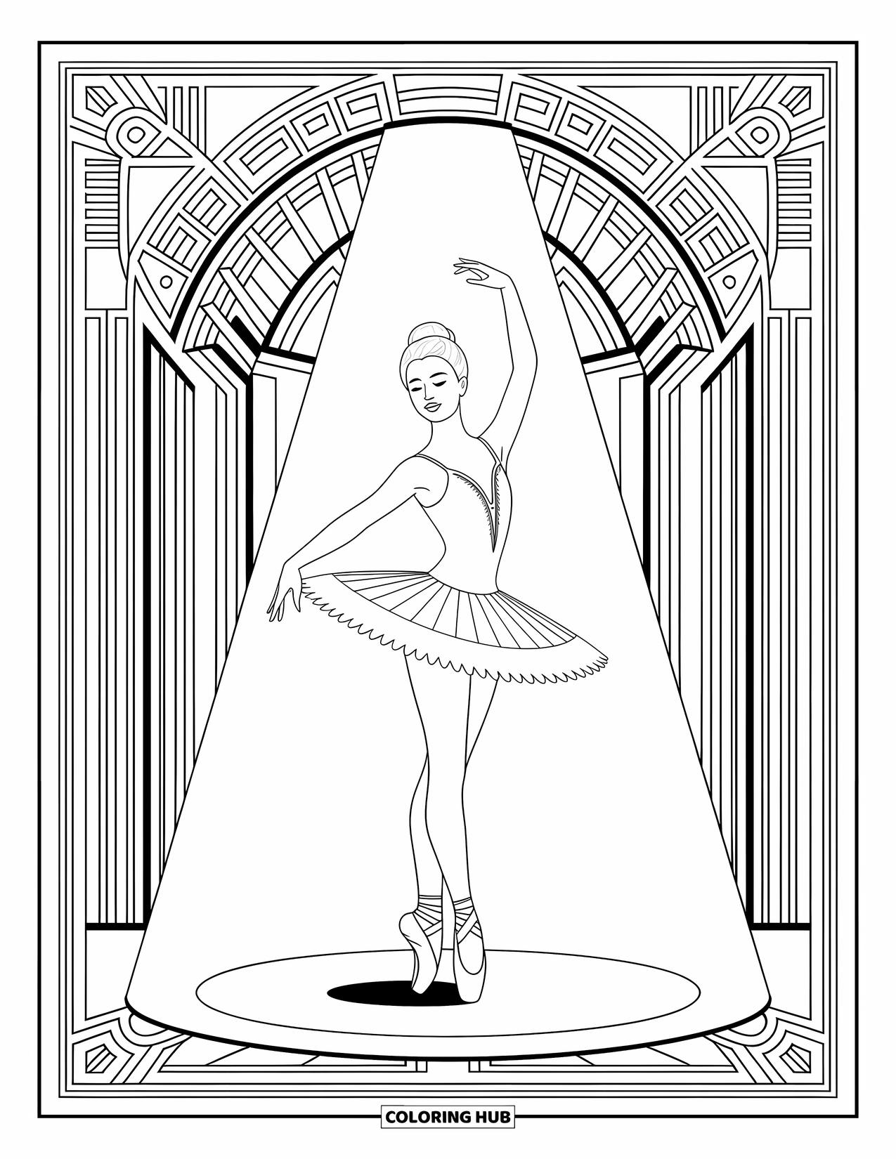 Ballerina Coloring Page for Adults: A ballerina stands in a spotlight framed by graceful Art Deco shapes and elegant details