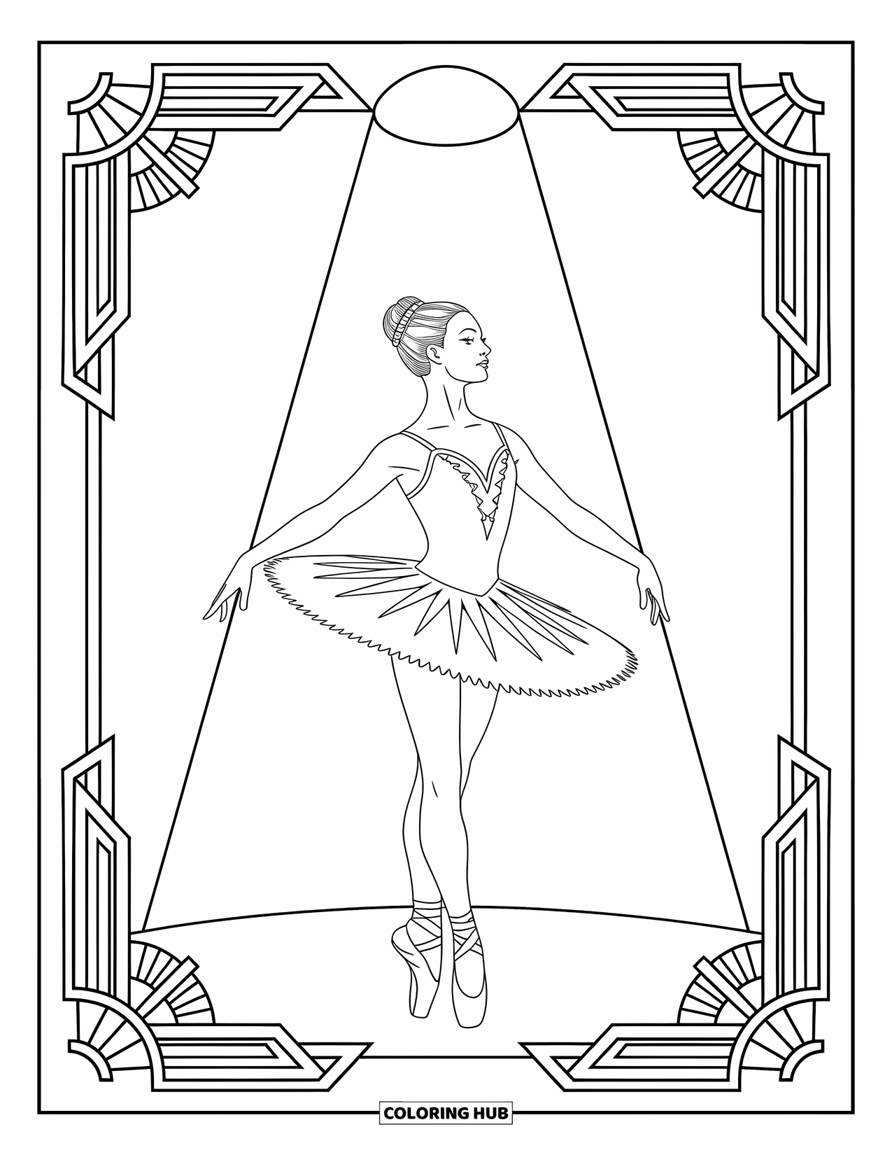Ballerina Coloring Page for Adults: A ballerina stands in a spotlight with Art Deco borders framing her elegant pose