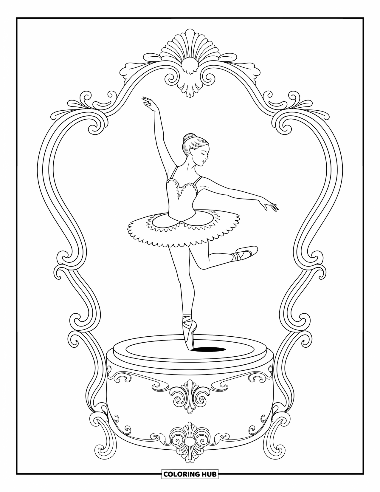Ballerina Coloring Page for Adults: A ballerina stands still under a willow, surrounded by calm, drifting leaves