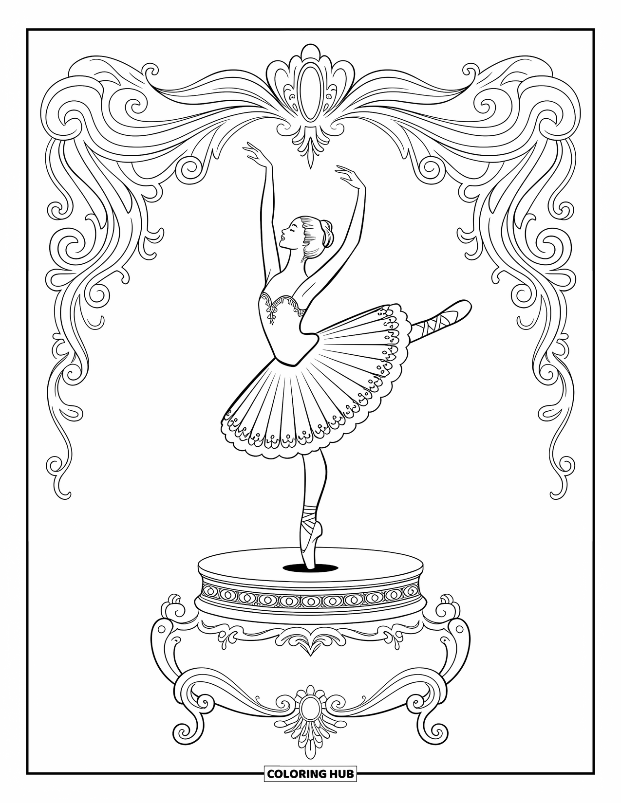 Ballerina Coloring Page for Adults: A ballerina stands under a willow as the leaves swirl gently around her