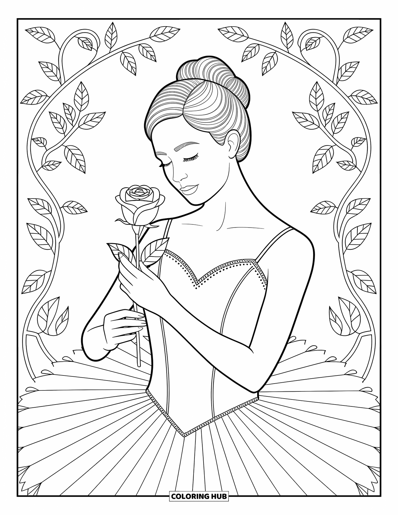 Ballerina Coloring Page for Adults: A ballerina stands with a rose as detailed vines and patterns flow all around