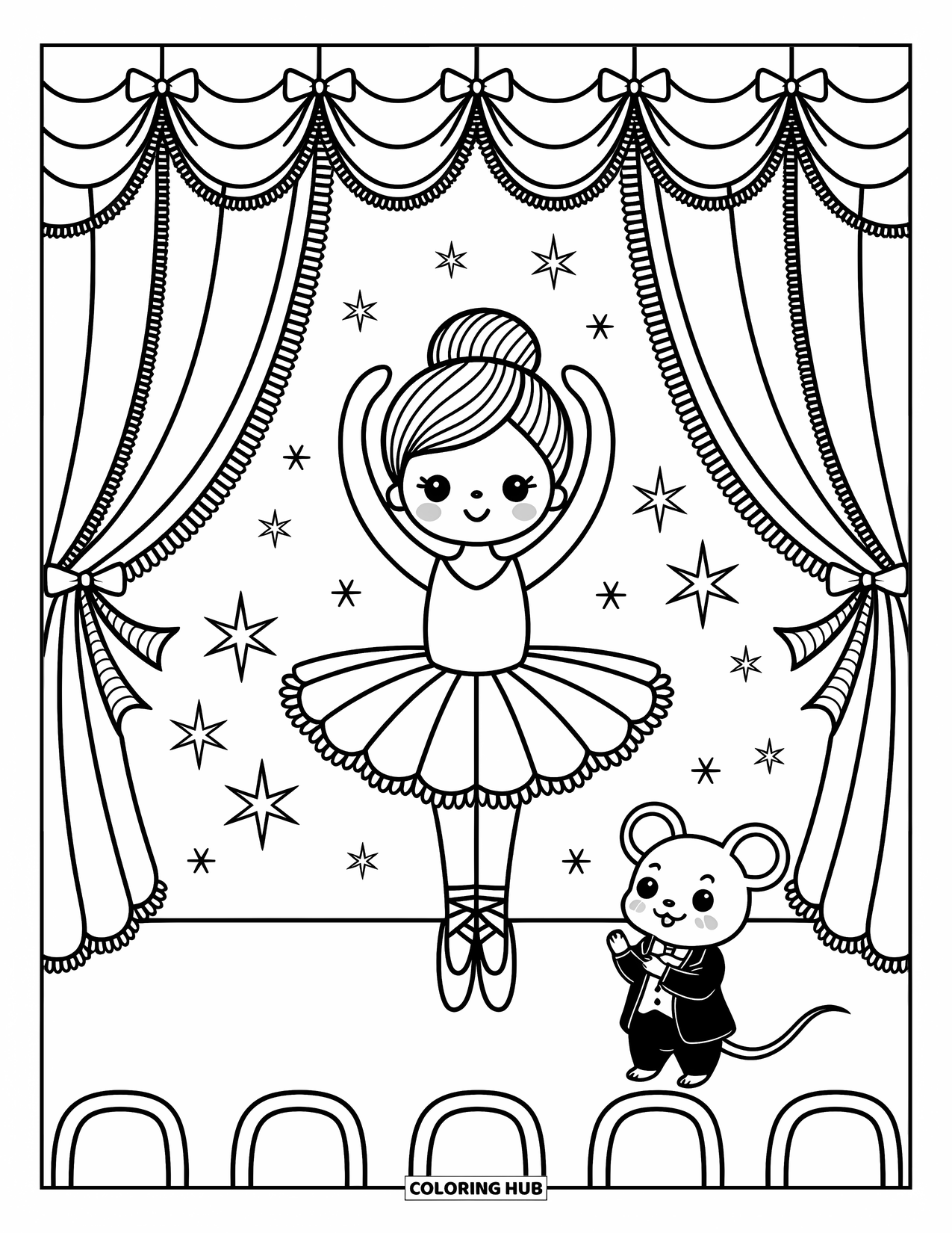 Ballerina Coloring Page for Adults: A ballerina takes a bow while a tiny mouse in a tuxedo claps with joy