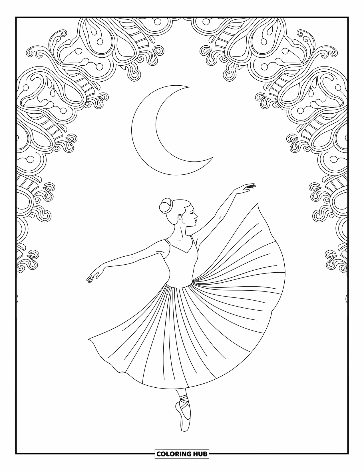 Ballerina Coloring Page for Adults: A ballerina twirls beneath the moon, her costume and background filled with flowing patterns
