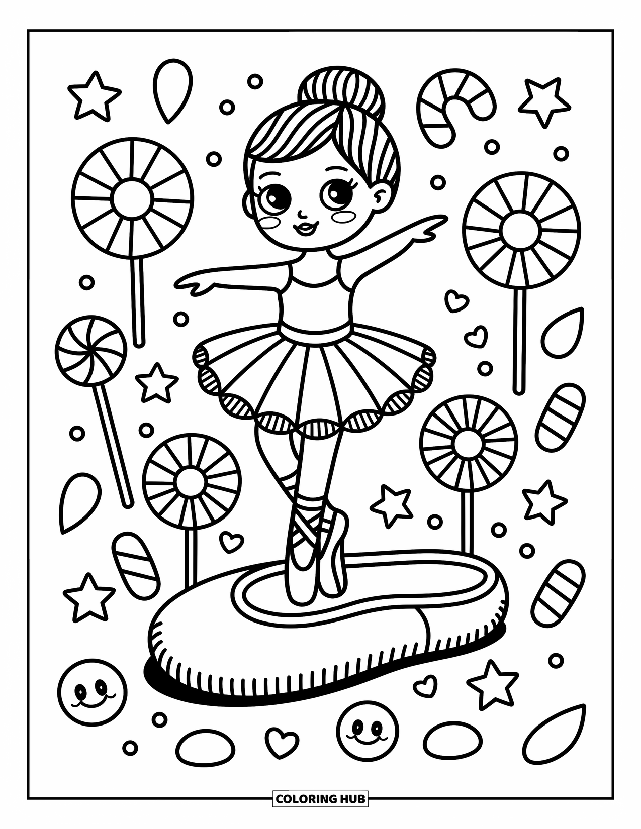 Ballerina Coloring Page for Adults: A ballerina twirls on a giant slipper in a garden filled with candy and lollipops