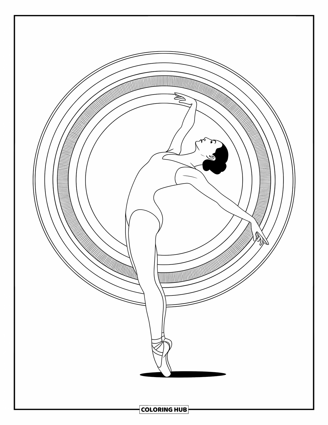 Ballerina Coloring Page for Adults: A ballerina's backbend pose is framed by soft circular patterns and graceful shapes