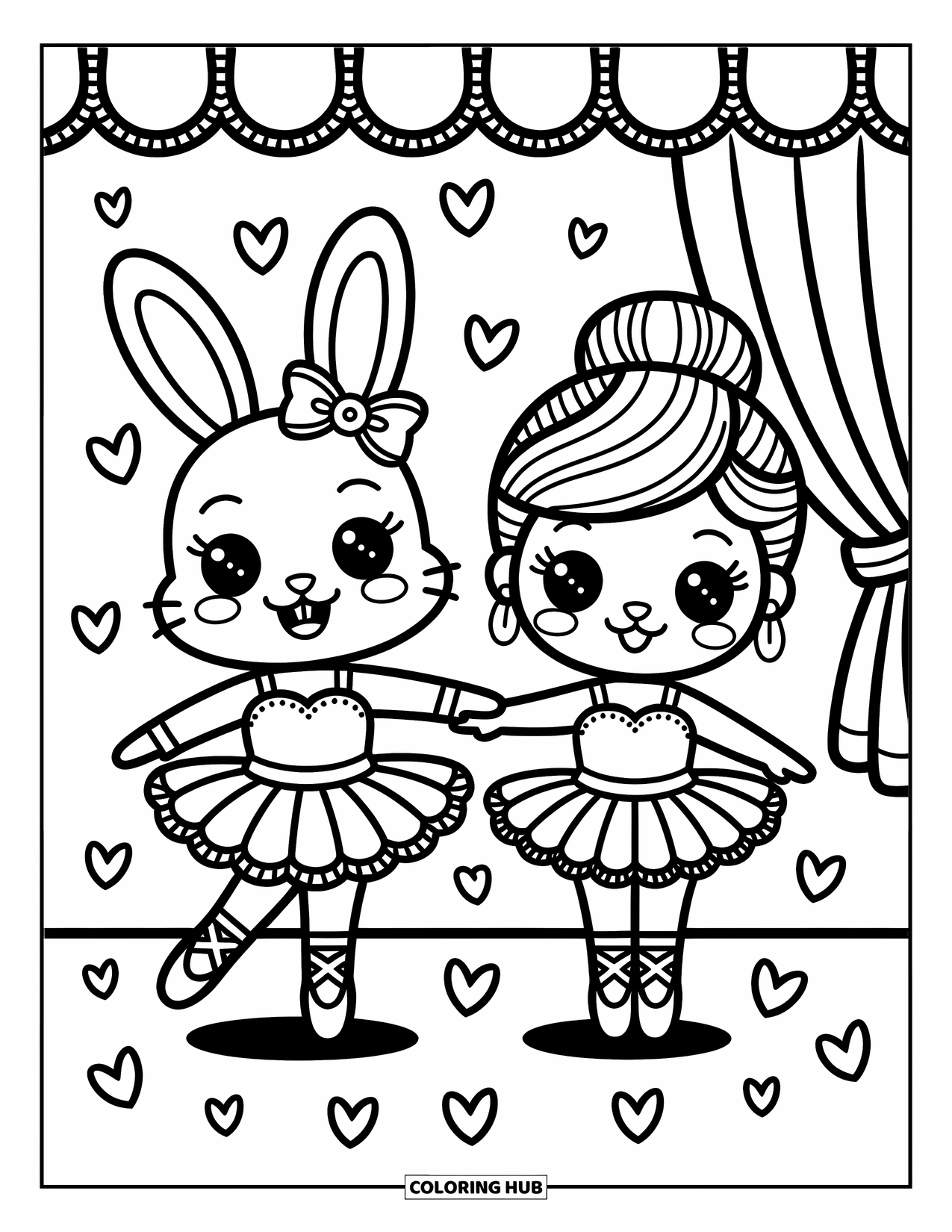 Ballerina Coloring Page for Adults: A bunny and chibi ballerina dance together as heart confetti floats all around