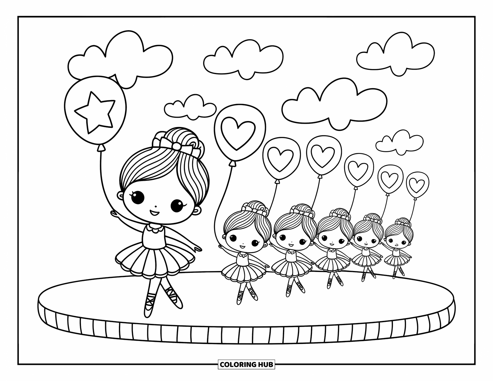 Ballerina Coloring Page for Adults: A chibi ballerina leads tiny dancers holding balloons across a dreamy stage with clouds