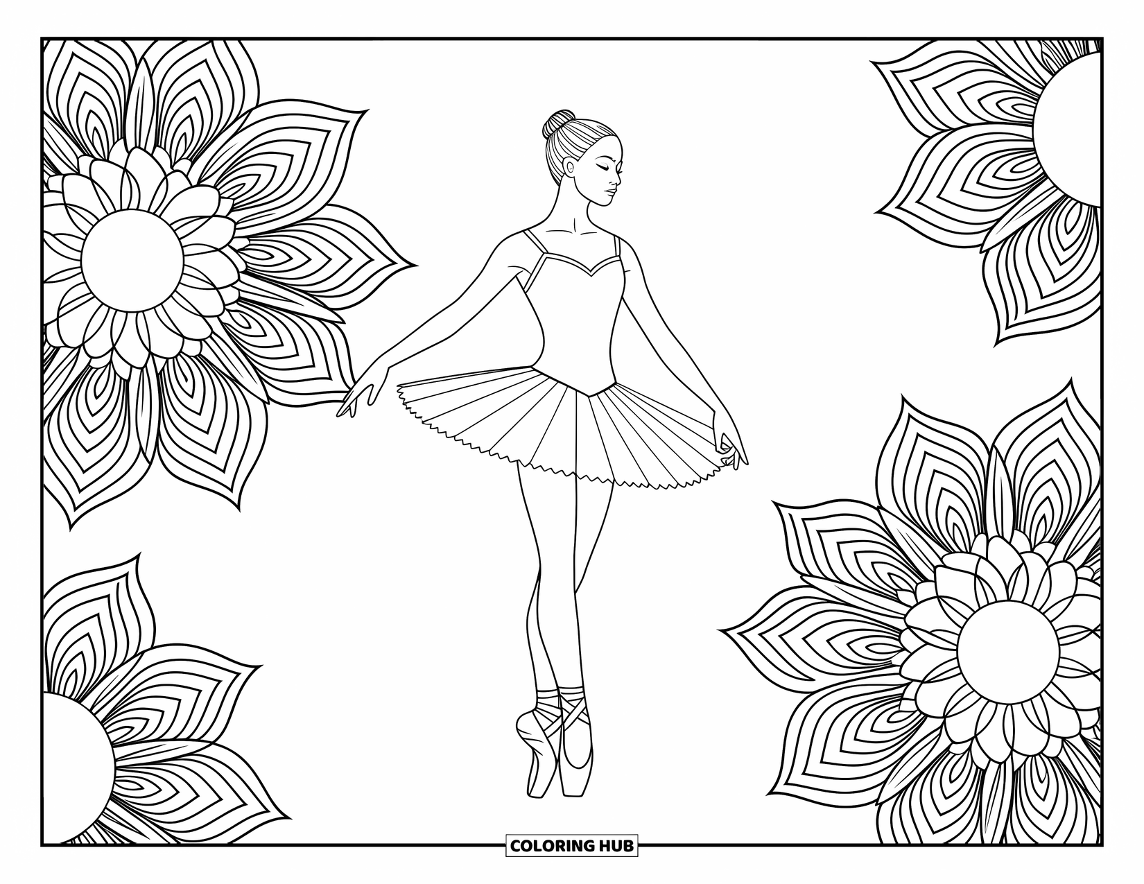 Ballerina Coloring Page for Adults: A poised ballerina stands against floral mandalas filled with crisp lines and delicate details