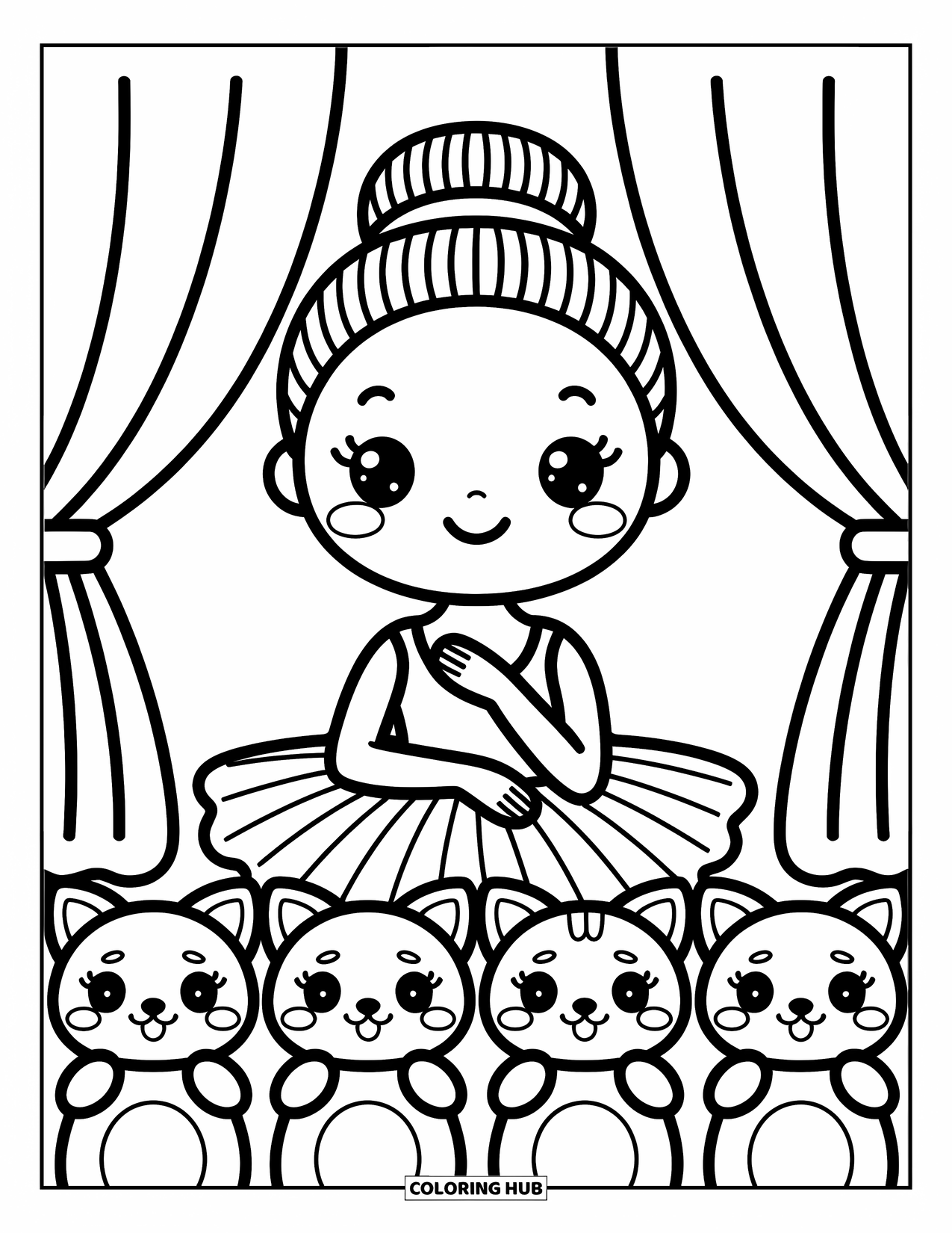 Ballerina Coloring Page for Adults: A shy ballerina peeks out while plush animals in the audience clap excitedly