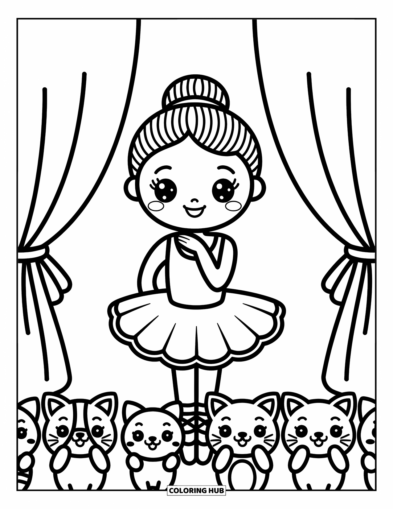 Ballerina Coloring Page for Adults: A shy ballerina smiles behind a curtain while plush animals cheer from the front row