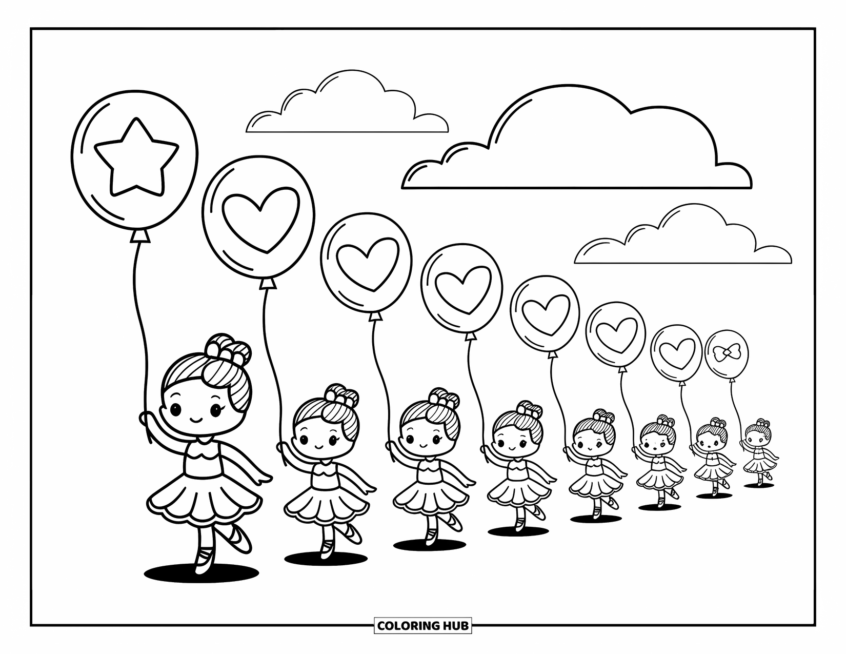Ballerina Coloring Page for Adults: Mini ballerinas march with cute balloons as clouds float playfully above the stage