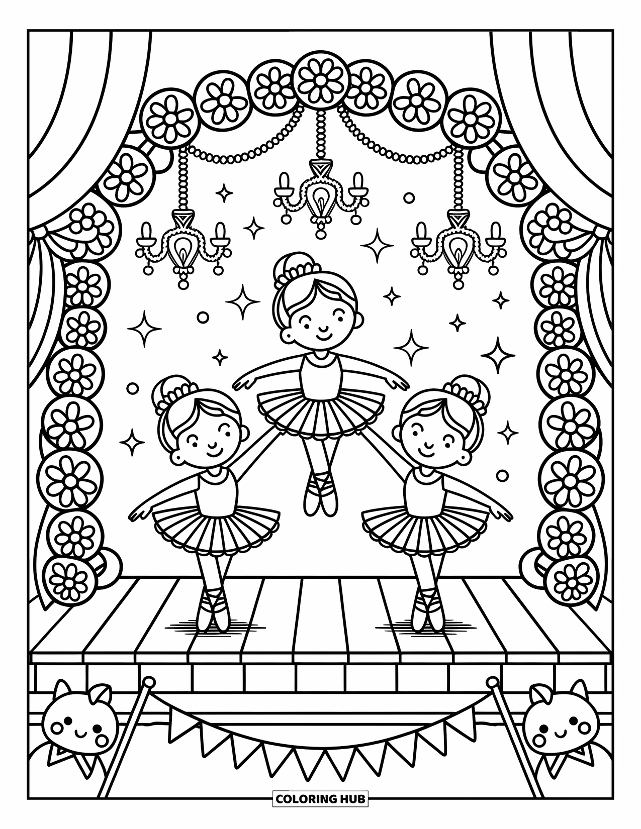 Ballerina Coloring Page for Adults: Three tiny ballerinas form a cute pyramid under a floral arch with chandeliers above