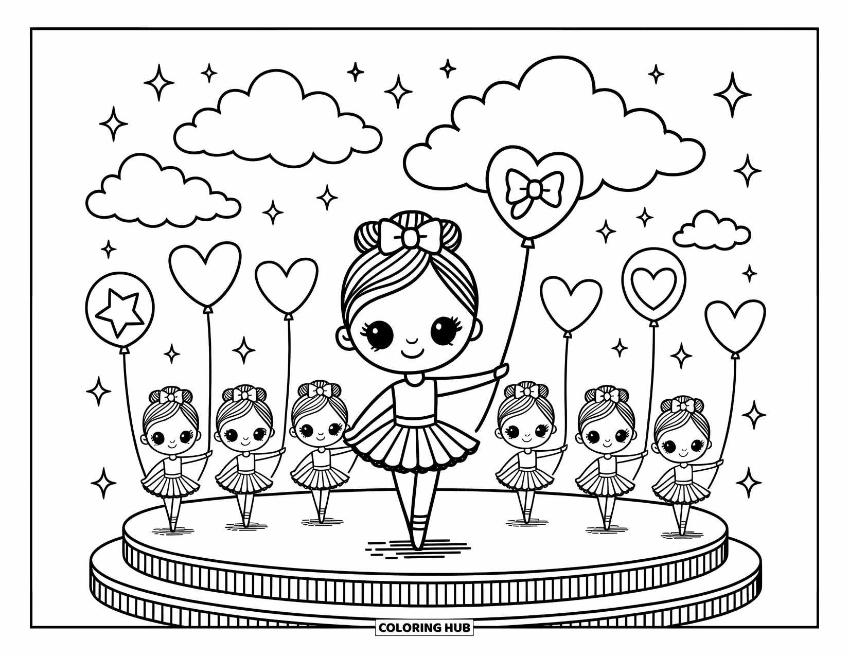 Ballerina Coloring Page for Adults: Tiny ballerinas parade with heart and star balloons under fluffy clouds on stage