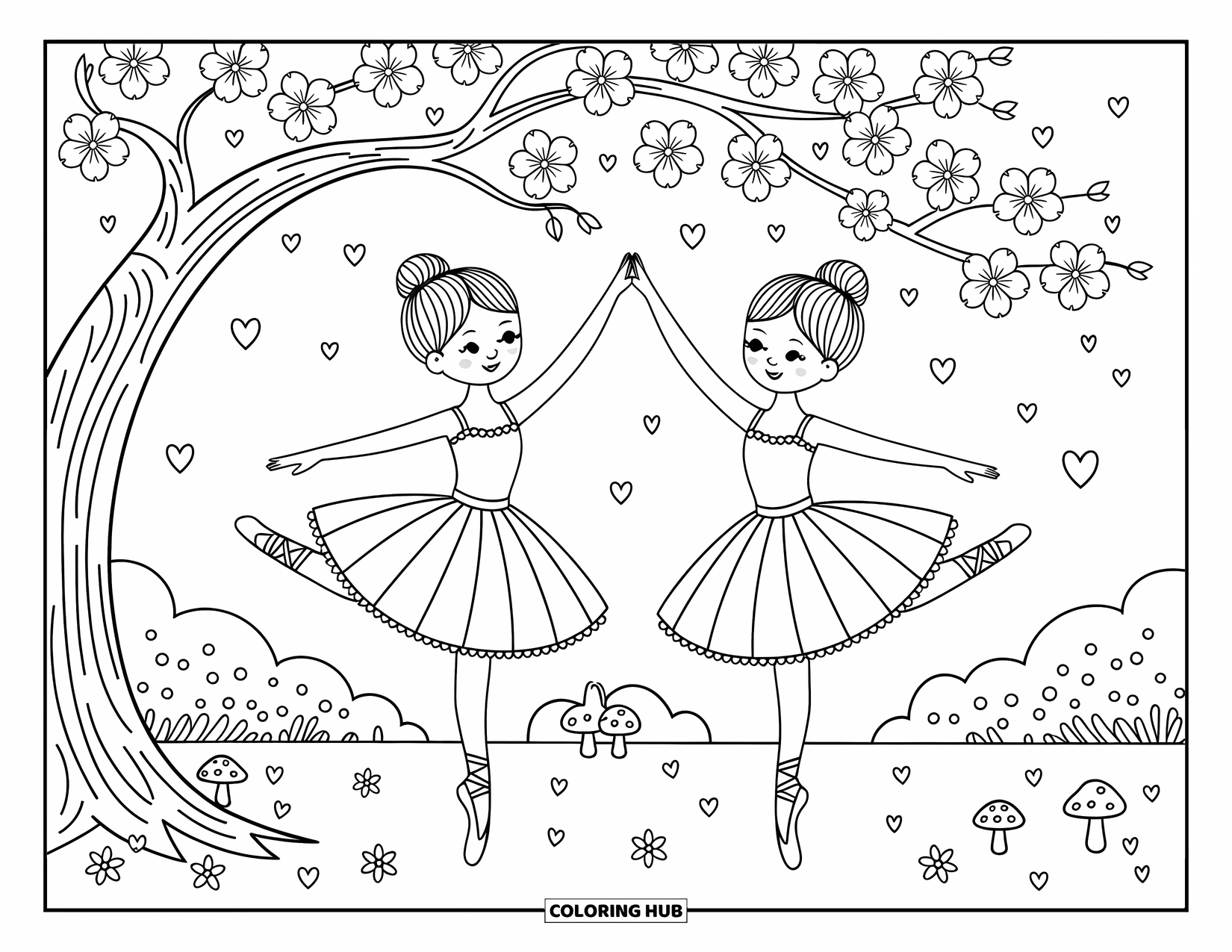 Ballerina Coloring Page for Adults: Two ballerinas dance under a sakura tree with petals, hearts, and cute forest friends