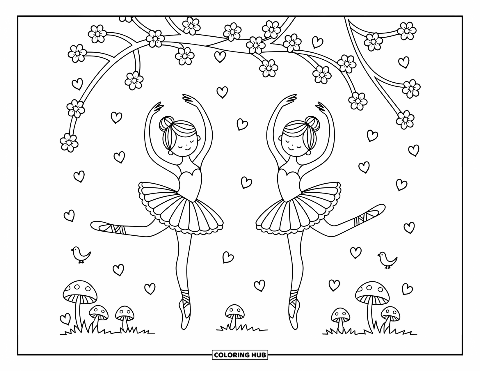 Ballerina Coloring Page for Adults: Two ballerinas dance under a sakura tree with petals, hearts, and tiny forest details
