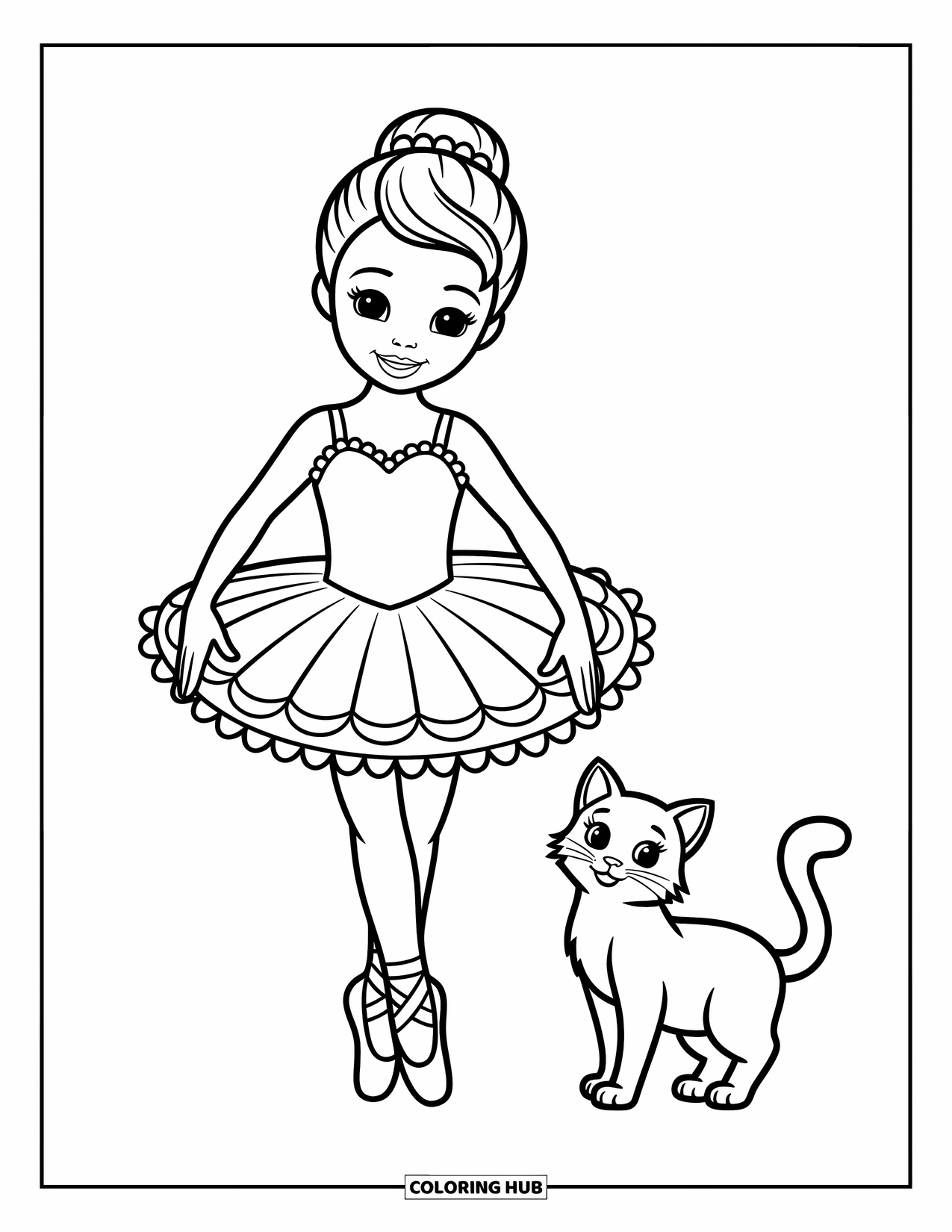 Ballerina Coloring Page for Kids: A ballerina and her cat mimic each other's pose in a sweet and playful moment