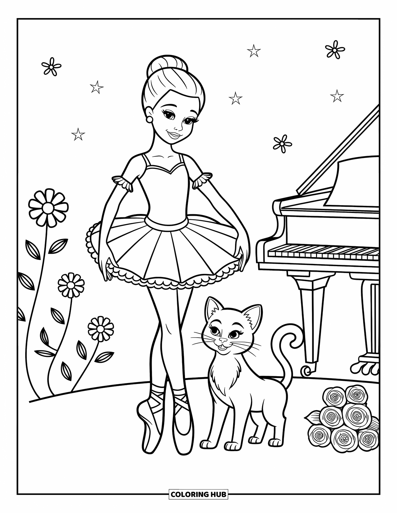 Ballerina Coloring Page for Kids: A ballerina and her cat stand near a piano with flowers and ballet props