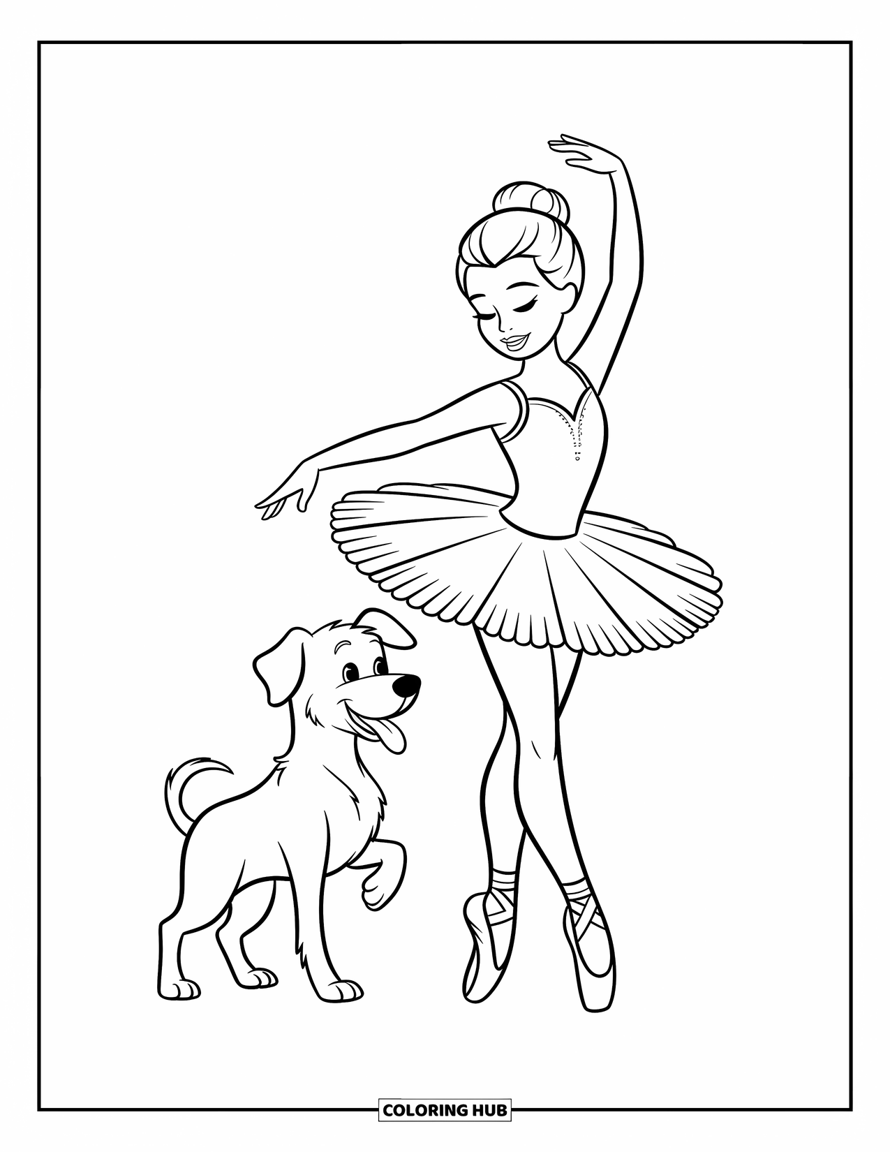 Ballerina Coloring Page for Kids: A ballerina and her dog share a sweet moment, both ready to dance