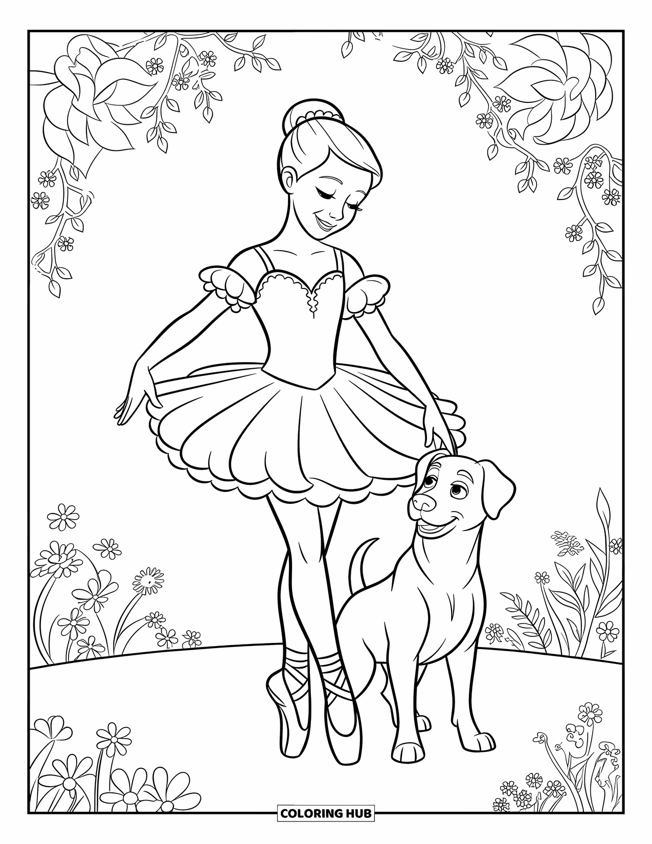 Ballerina Coloring Page for Kids: A ballerina and her dog stand together in a garden filled with flowers and charm