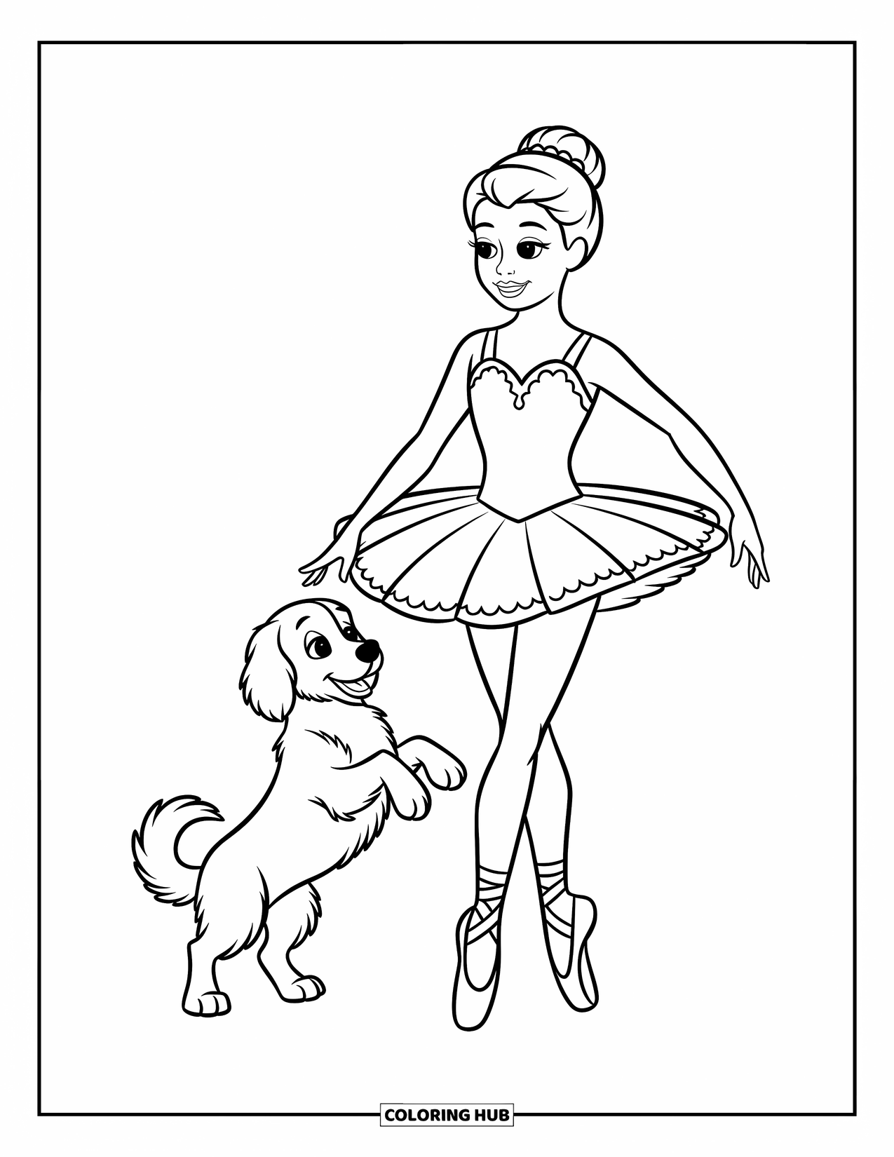 Ballerina Coloring Page for Kids: A ballerina and her happy pup strike a playful pose side by side