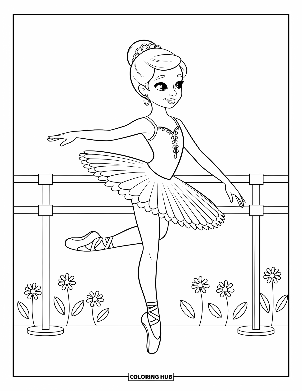 Ballerina Coloring Page for Kids: A ballerina balances at the barre as a curious cat peeks out from behind