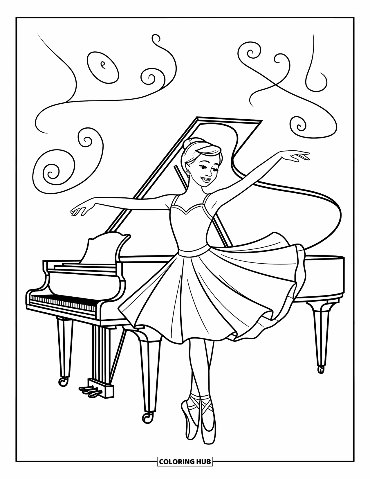 Ballerina Coloring Page for Kids: A ballerina dances by a piano, her arms extended and skirt flowing in motion